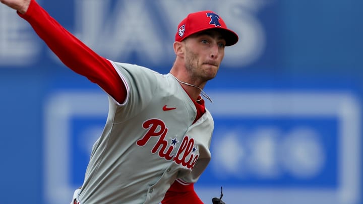 Feb 29, 2024; Dunedin, Florida, USA; Philadelphia Phillies relief pitcher Connor Brogdon (75) throws a pitch against the Toronto Blue Jays in the fifth inning at TD Ballpark.