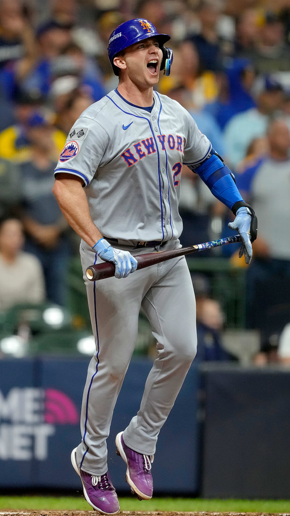 Sep 19, 2025; New York City, New York, USA; New York Mets first baseman Pete Alonso (20) follows through on a single against the Washington Nationals during the first inning at Citi Field. Mets shortstop Francisco Lindor (not pictured) scored on the play on an error by Nationals right fielder Dylan Crews (not pictured). Mandatory Credit: Brad Penner-Imagn Images